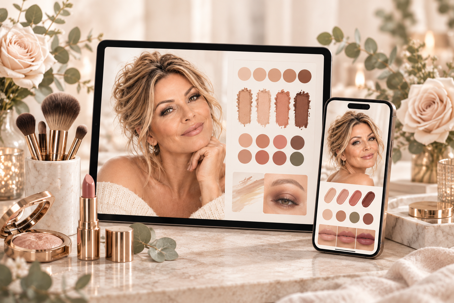 Digital färgvägledning på surfplatta och mobil tillsammans med makeup i varma toner