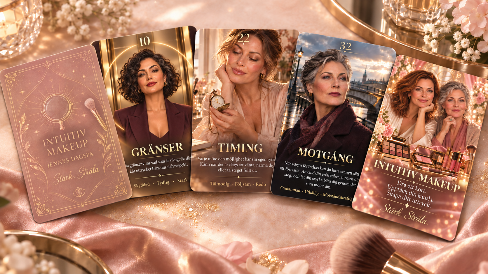 Fem Intuitiv Makeup-kort i en elegant pokerhand, med korten Gränser, Timing och Motgång samt kortlekens fram- och baksida